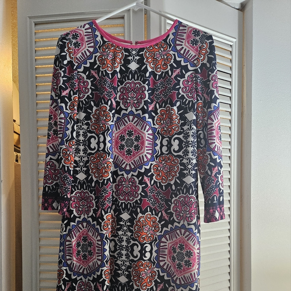 Eliza J Women Size 10 Shift Dress Multicolor Geometric 3/4 Sleeve Lined EJ6M2976